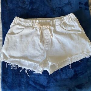 Wish List White Denim Jean Shorts with Frayed Hem and Draw String